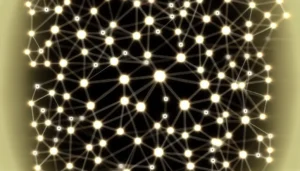 Image showing a blockchain network with interconnected glowing nodes.