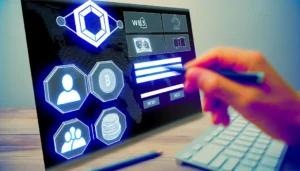 Biểu đồ blockchain với các khối dữ liệu và biểu tượng tiền điện tử