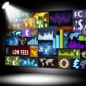 Symbols and charts emphasizing low trading fees in forex.