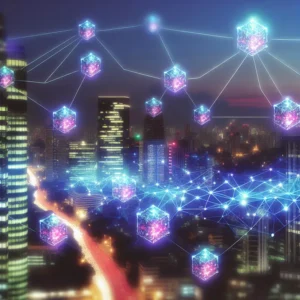 Hình ảnh đường chân trời thành phố tương lai với các nút số hóa kết nối, đại diện cho vai trò của blockchain trong công nghệ hiện đại.