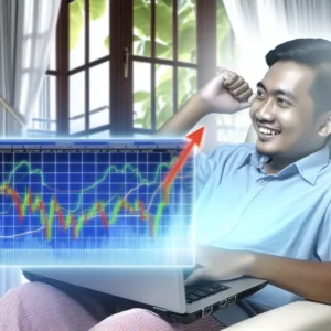 Hình ảnh người chơi mới sử dụng máy tính xách tay với biểu đồ giao dịch hiển thị, thể hiện thành công.