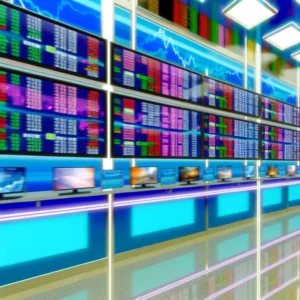 Giao diện sàn giao dịch forex với nhiều màn hình hiển thị thông tin thị trường tài chính.