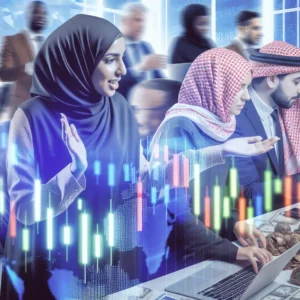 A bustling forex trading platform with active traders and various market tools.