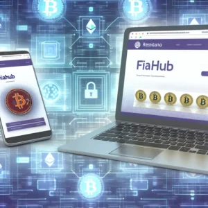Hình ảnh thiết bị điện tử hiển thị trang web của Fiahub và Remitano, xung quanh là các biểu tượng tiền điện tử.
