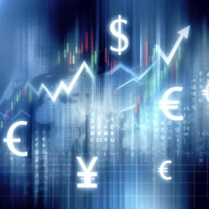 Hình ảnh biểu tượng tiền tệ và biểu đồ kỹ thuật số đại diện cho thị trường Forex.