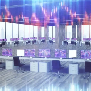 Trading office with screens showing forex charts and trader.