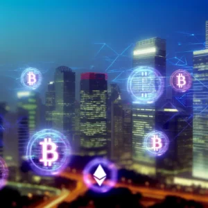 Ảnh thành phố hiện đại với các biểu tượng tiền điện tử tượng trưng cho sự đổi mới.