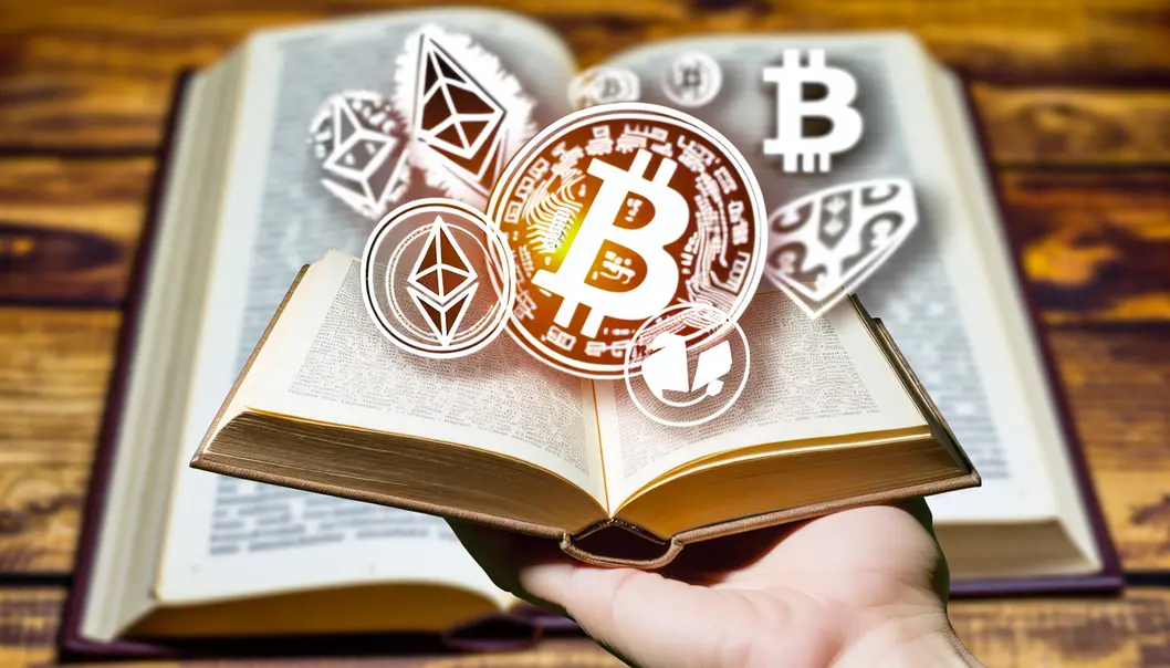 Các biểu tượng tiền điện tử phổ biến được đặt trên một cuốn sách.