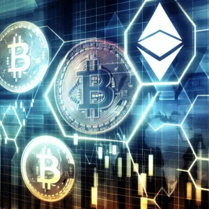 Bitcoin, Ethereum charts with global finance and tech elements.