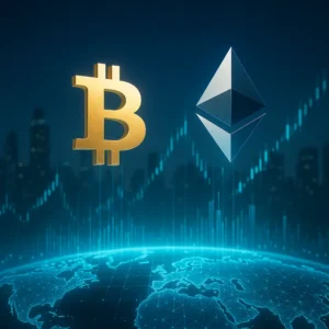 Biểu tượng Bitcoin và Ethereum nổi bật trong một cảnh thị trường kỹ thuật số toàn cầu.