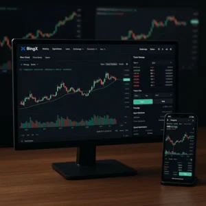 Giao diện BingX hiển thị trên màn hình máy tính và điện thoại với biểu đồ thị trường.