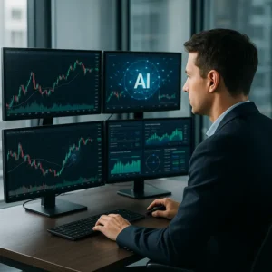 Forex trader using AI-driven monitors in modern office.