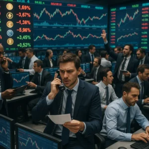 Hình ảnh sàn giao dịch tiền điện tử với các màn hình chỉ số và nhà giao dịch.