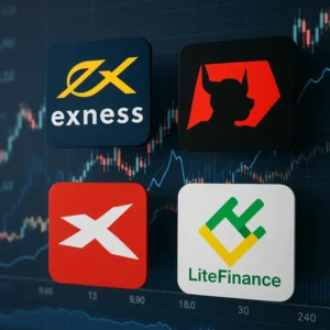 A collage of Exness, XM, XTB, and LiteFinance logos over currency exchange graphs.