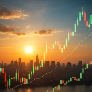 Hình ảnh mặt trời mọc và biểu đồ giá thể hiện cơ hội mới trong giao dịch Forex.