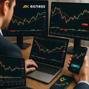 A collage showcasing trading activities on Exness, XM, XTB, and LiteFinance platforms.