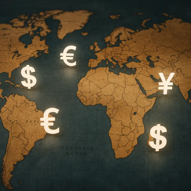 Bản đồ thế giới với biểu tượng tiền tệ, thể hiện thị trường Forex toàn cầu.