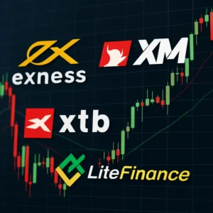 Các biểu tượng của sàn Exness, XM, XTB và LiteFinance trên nền đồ thị forex.