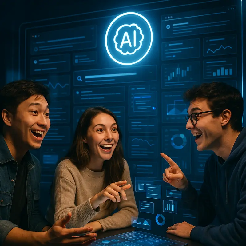 Users engaging with a futuristic AI interface.