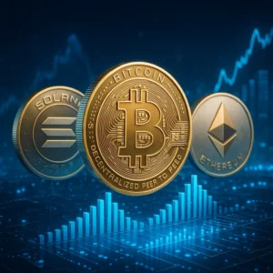 A collection of major cryptocurrencies in a futuristic digital growth scenario.