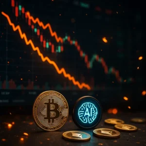 Overview of a volatile cryptocurrency market with AI influence and emerging coins.