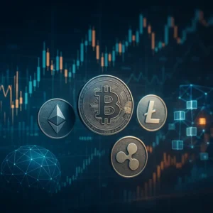 Hình ảnh tập hợp các biểu tượng tiền điện tử, biểu đồ và công nghệ blockchain.