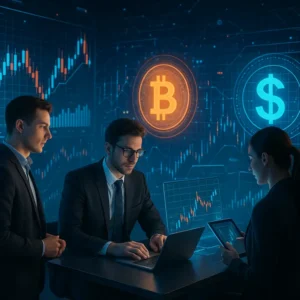 Traders trong môi trường số hiện đại biểu trưng cho sự liên kết giữa forex và công nghệ tiền mã hóa.