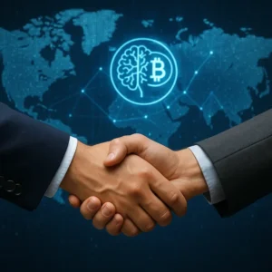 Biểu tượng cái bắt tay trên bản đồ số hóa thể hiện chiến lược đầu tư toàn cầu.