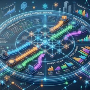 Một biểu đồ dữ liệu blockchain màu sắc và trực quan, thể hiện lưu lượng giao dịch và lưu trữ token