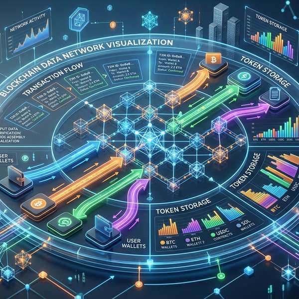 Một biểu đồ dữ liệu blockchain màu sắc và trực quan, thể hiện lưu lượng giao dịch và lưu trữ token