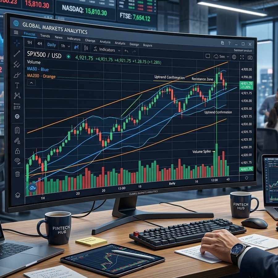 Một biểu đồ thị trường tài chính với các đường xu hướng và biểu đồ thanh