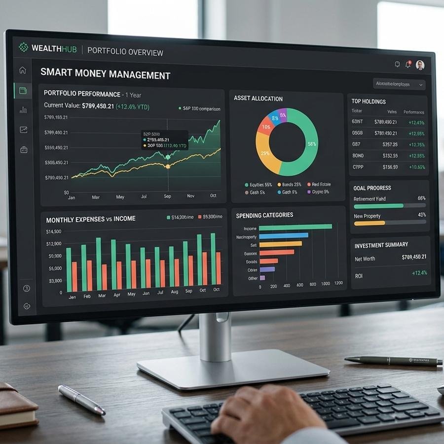 A premium, realistic image of a digital dashboard with charts and graphs, highlighting the importance of smart money management.
