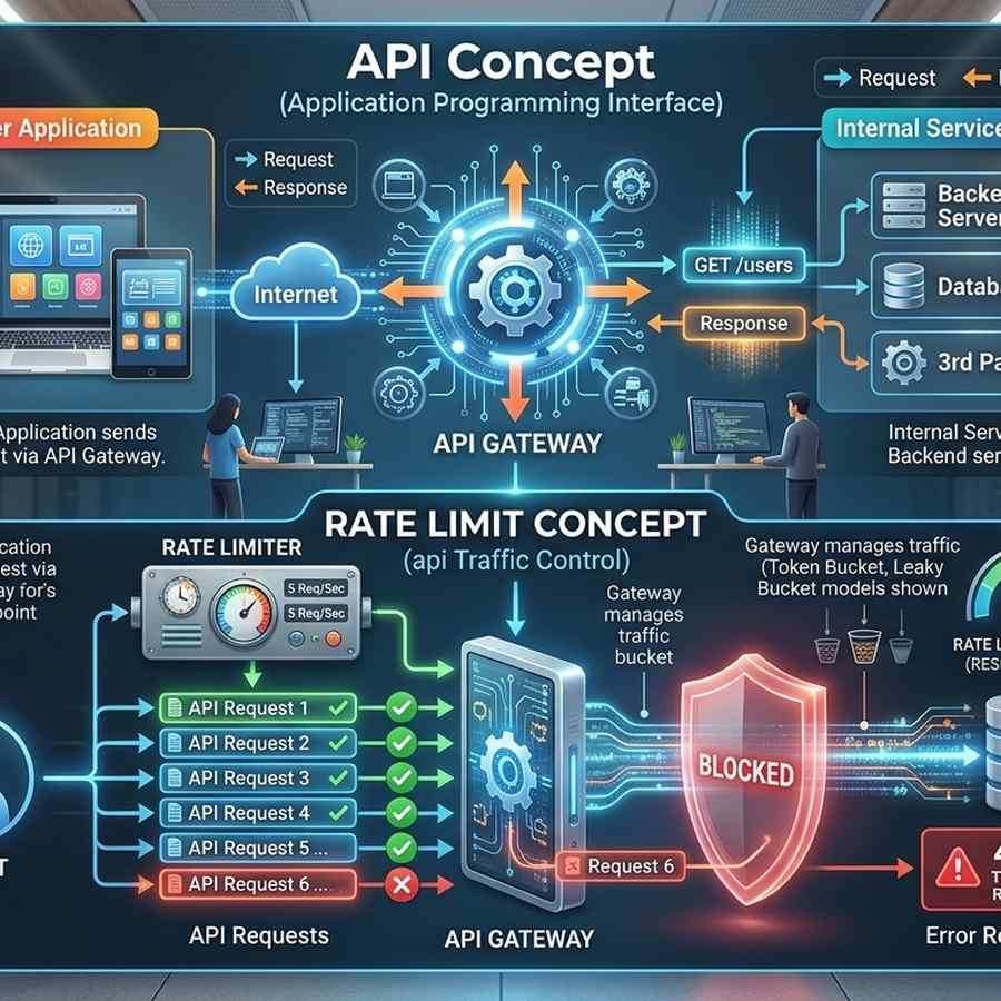 A graphic illustrating API and rate limit concepts