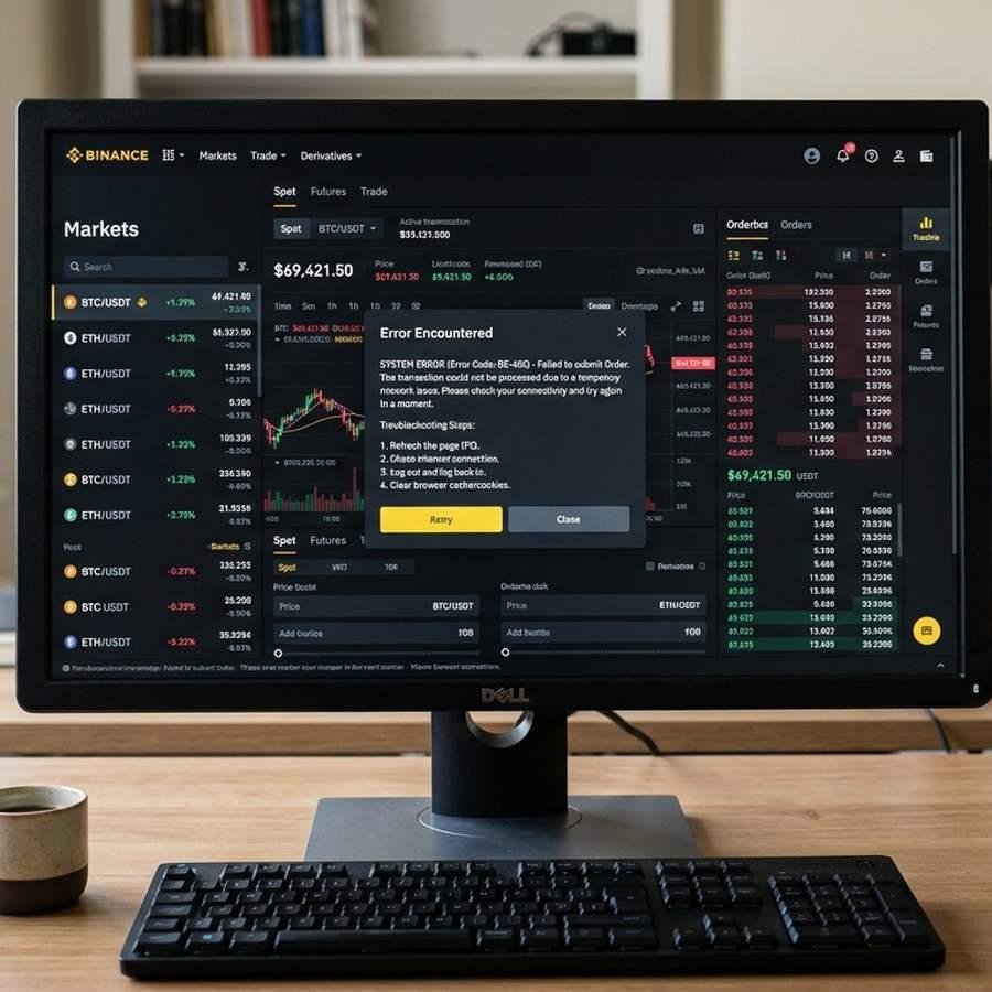 A premium, high-quality image of a computer screen displaying Binance interface with error messages and solutions, in English only.